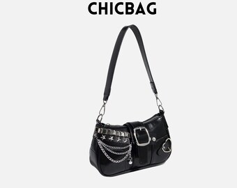 バッグ y2k leather studs one shoulder bag moon Y2K Gothic Star Buckle Shoulder Bag – Black Chain Crossbody Purse