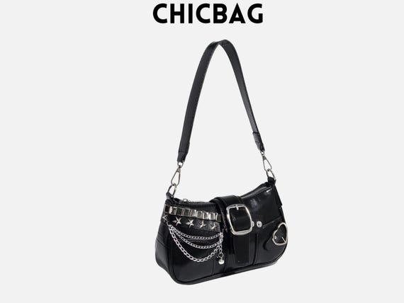 Y2K Gothic Star Buckle Shoulder Bag – Black Chain Crossbody Purse 