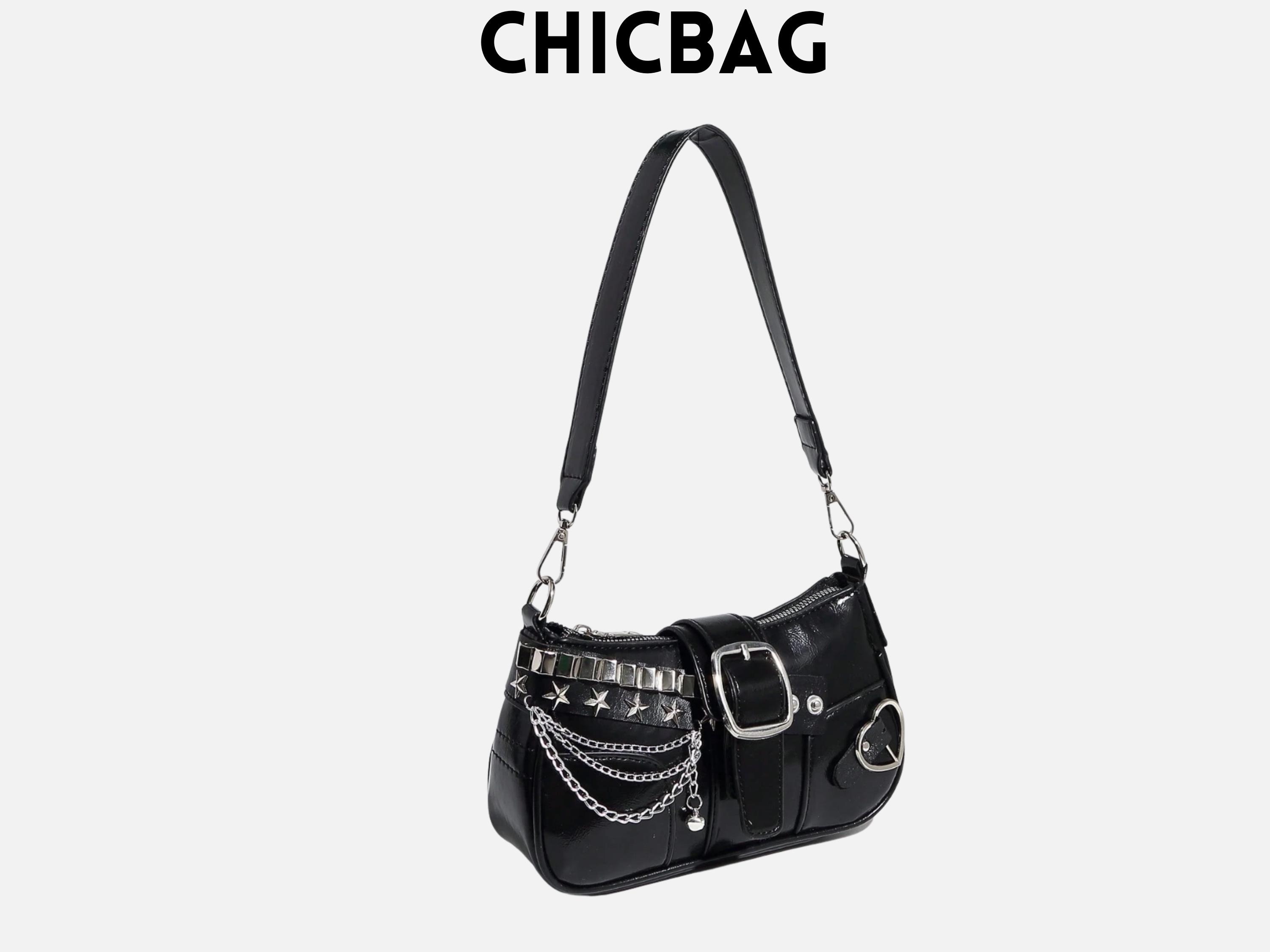 Y2K Gothic Star Buckle Shoulder Bag – Black Chain Crossbody Purse