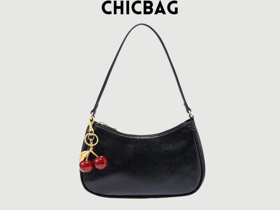 Women Shoulder Black Bag, Cherry Pendant Retro Shoulder Bag