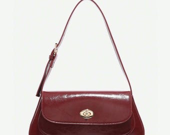 Burgundy Faux Leather Shoulder Bag: Y2K Gold Turn Lock Purse