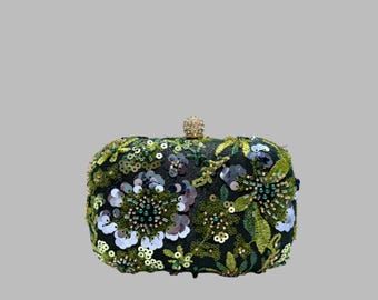 Emerald Green Beaded Sequin Clutch Bag, Floral Evening Handbag with Crystal Ball Clasp