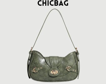 Retro Green Faux Leather Shoulder Bag – Y2K Underarm Purse with Gothic Buckle Accents