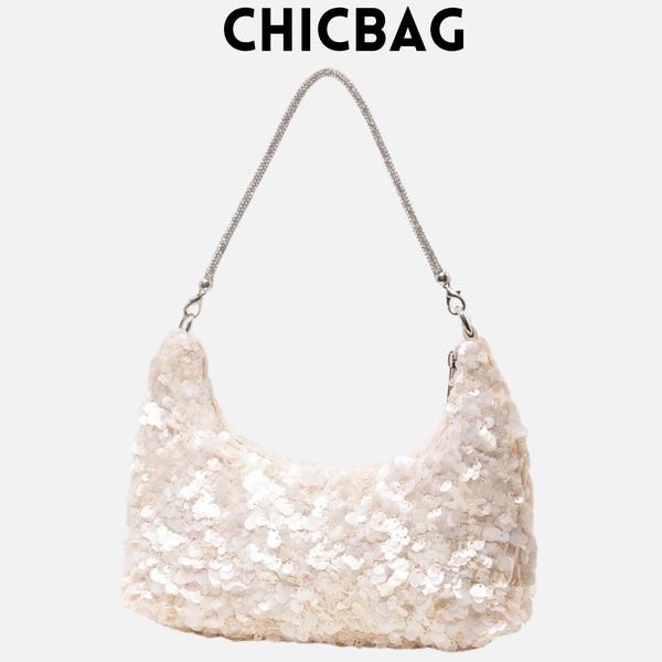 Bolso de hombro con lentejuelas: elegante bolso de noche con correa de cadena