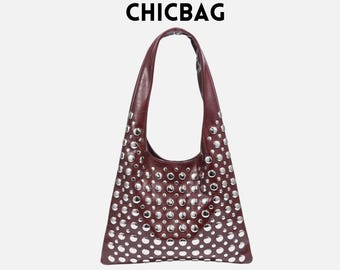 Y2K Burgundy Rivet Shoulder Bag: Edgy Silver Studded PU Leather