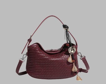 Burgundy Woven Hobo Bag with Charm Detail and Adjustable Shoulder Strap