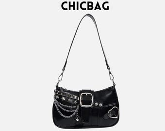 Y2K Gothic Star Buckle Shoulder Bag – Black Chain Crossbody Purse