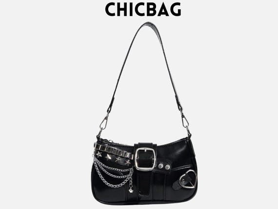 Y2K Gothic Star Buckle Shoulder Bag – Black Chain Crossbody Purse