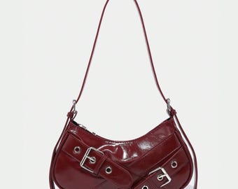 Y2K Crescent Moon Shoulder Bag: Wine Red Patent Leather Gothic