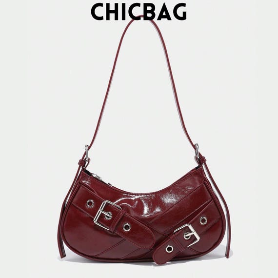 Y2K Crescent Moon Shoulder Bag: Wine Red Patent Leather Gothic