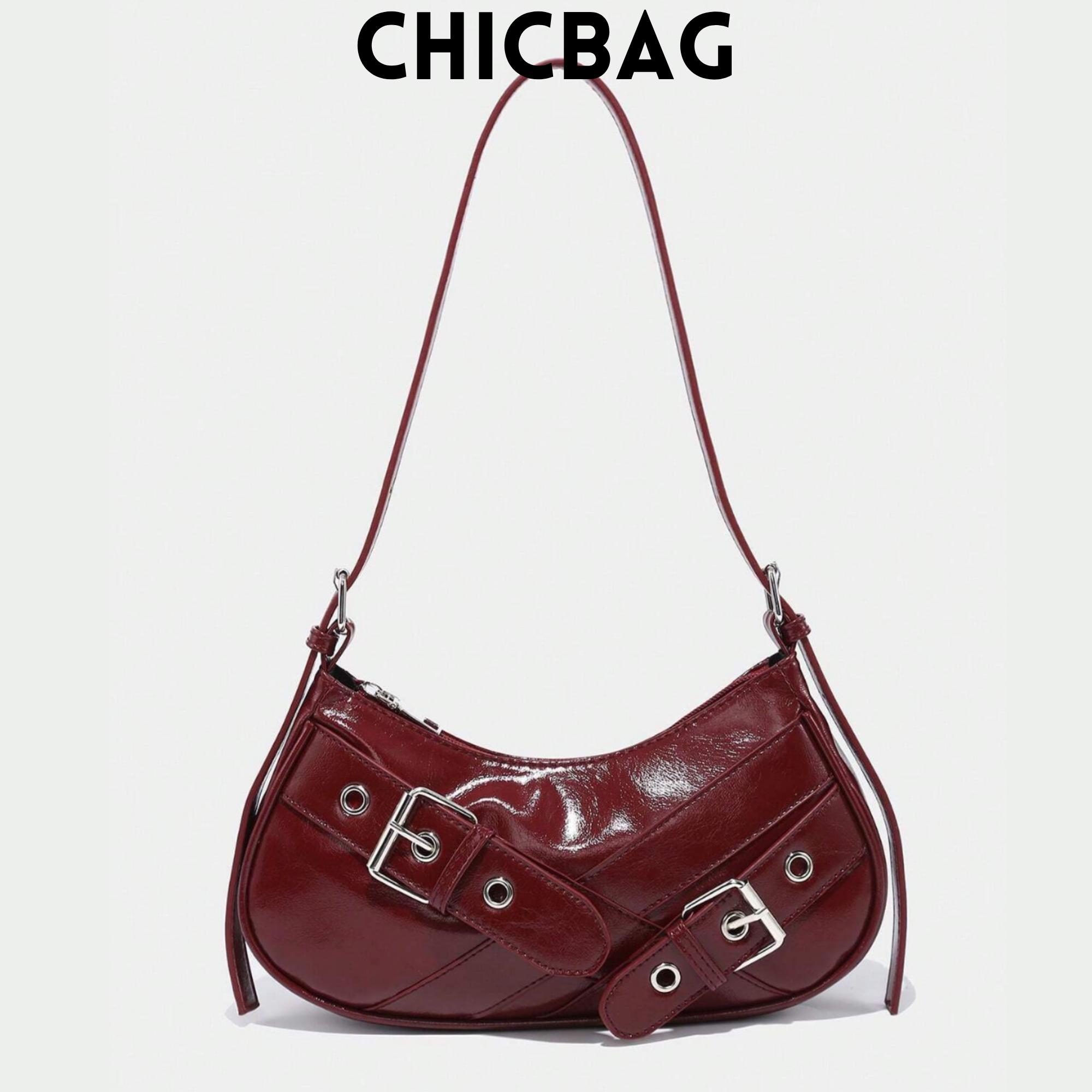 Y2K Crescent Moon Shoulder Bag: Wine Red Patent Leather Gothic