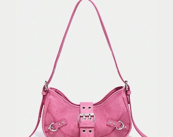 Y2K Punk Pink Shoulder Bag: Rivet Buckle Purse, Rock Festival Handbag