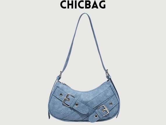 Denim Effect Shoulder Bag – Y2K Blue PU Purse with Rivet Buckle Detail, Adjustable Strap