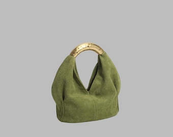 Green Sculptural Handbag with Gold-Tone Handle, Textured Hobo Bag