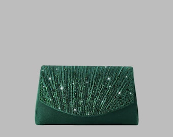 Emerald Green Pleated Sequin Clutch, Sparkling Evening Bag