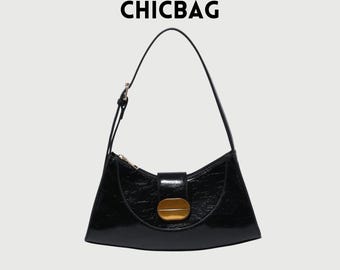 Vintage Black Crescent Shoulder Bag With Gold Buckle