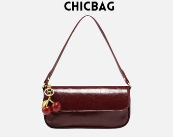 Borsa a tracolla con decorazione in ciliegio bordeaux, vintage Y2K, con patta, da ascella, per donna
