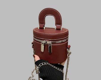 Burgundy Makeup Bag with Top Handle and Chain Strap, Structured Cosmetic Case