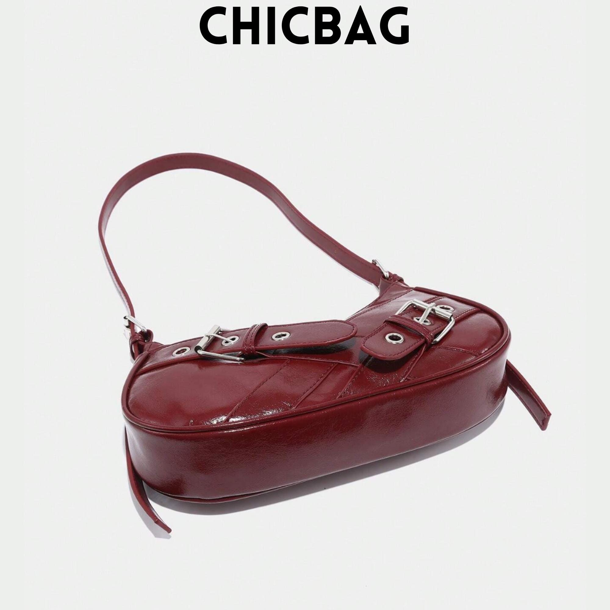 Y2K Crescent Moon Shoulder Bag: Wine Red Patent Leather Gothic