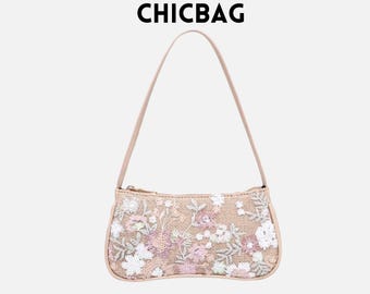 Floral Beaded Shoulder Bag: Woven Boho Purse with Sequins