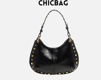Black Rivet Saddle Crossbody Bag – Adjustable Punk Shoulder Purse for Women