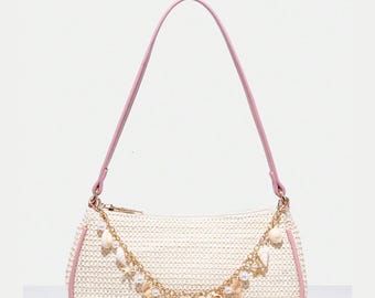 Bolso de hombro de paja: bolso bohemio playero con dijes de conchas y estrellas de mar