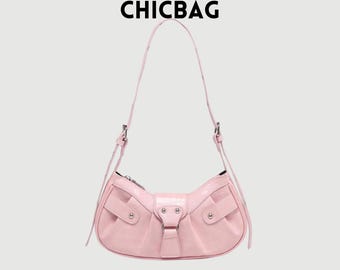 Pink Croc Embossed Baguette Bag – Y2K Studded Shoulder Purse with Ruched Strap