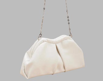 White PU Leather Clutch Bag, Sculptural Folded Evening Handbag