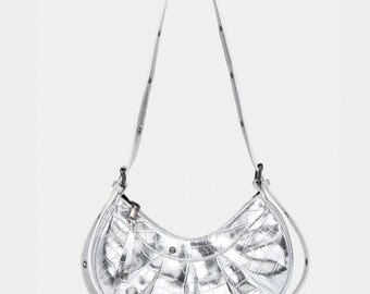 Y2K Silver Crocodile Embossed Shoulder Bag: Ruched Punk Studded Handbag