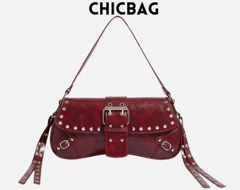 Bolso de hombro con remaches burdeos: monedero retro Y2K