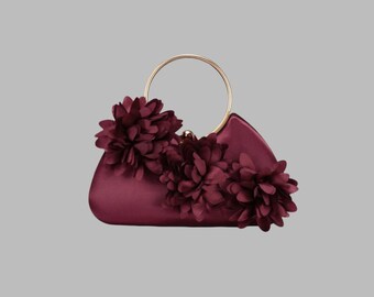 Burgundy Floral Clutch Bag with Gold Ring Handle, Evening Handbag