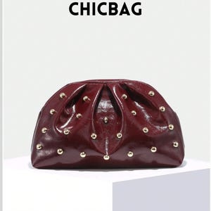 Wine Red Pleated Clutch Bag: Vintage Glam Rivet Cloud Purse