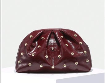 Wine Red Pleated Clutch Bag: Vintage Glam Rivet Cloud Purse