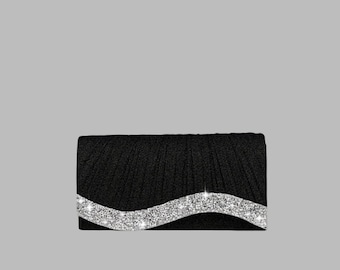 Black Silver Rhinestone Clutch, Wave Detail Evening Bag