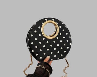 Round Black Polka Dot Crossbody Bag with Gold Ring and Chain Strap