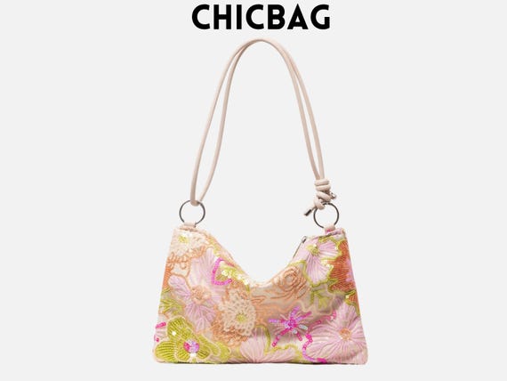 Floral Sequin Shoulder Bag: Embroidered Bridal Party Purse with Knot Strap