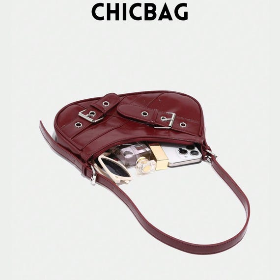 Y2K Crescent Moon Shoulder Bag: Wine Red Patent Leather Gothic