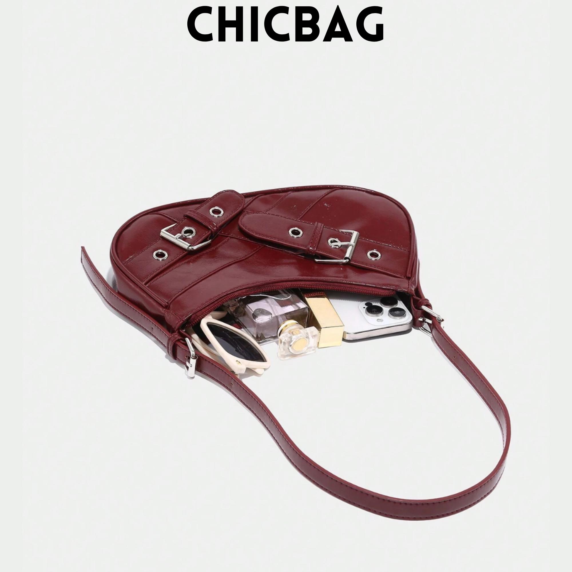 Y2K Crescent Moon Shoulder Bag: Wine Red Patent Leather Gothic