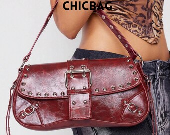 Burgundy Rivet Shoulder Bag: Y2K Retro Purse - Etsy