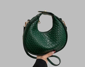 Green Woven Crescent Shoulder Bag with Gold-Tone Hardware