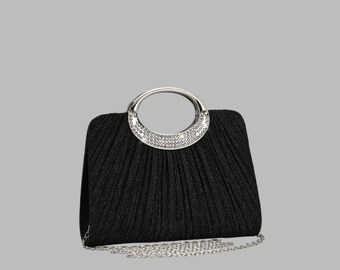 Black Pleated Evening Clutch Bag with Rhinestone Ring Closure and Chain Strap