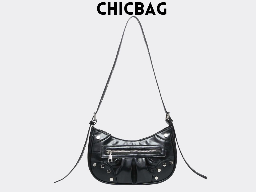 Studded Black Faux Leather Hobo Bag: Ruched Rocker Shoulder Purse - Etsy