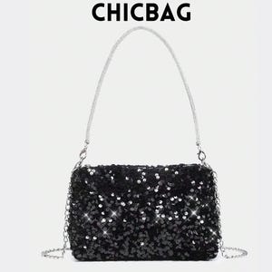 Black Sequin Evening Bag With Silver Chain Strap – Sparkly Clutch For Women, Party Purse For Bride, Prom, Wedding, or Night Out
