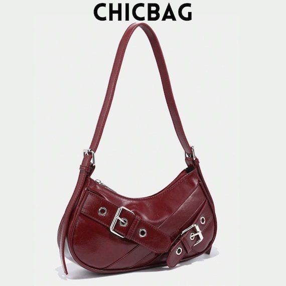 Y2K Crescent Moon Shoulder Bag: Wine Red Patent Leather Gothic