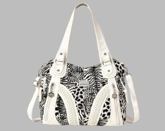 Animal Print Shoulder Bag with White Trim, Braided Details and Detachable Strap