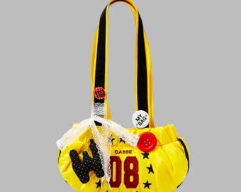 Yellow Embellished Tote Bag with Lace, Buttons and Rock Star Patch
