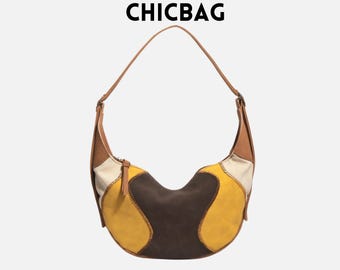 バッグ Patchwork Leather Crescent Shoulder Bag Patchwork Crescent Shoulder Bag, Retro 90s Boho Multicolor PU