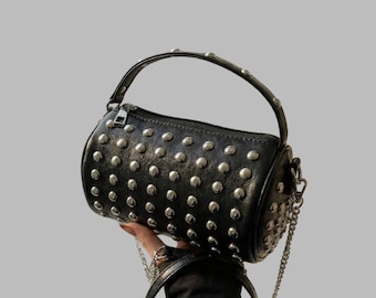 Black Studded Handbag with Top Handle and Chain Strap