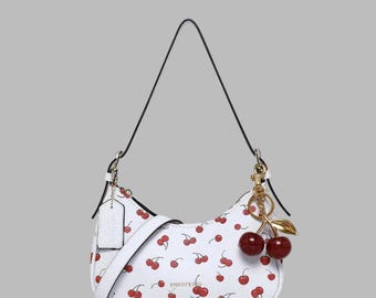 Cherry Print Crescent Shoulder Bag, White PU Hobo Purse with Cherry Charm