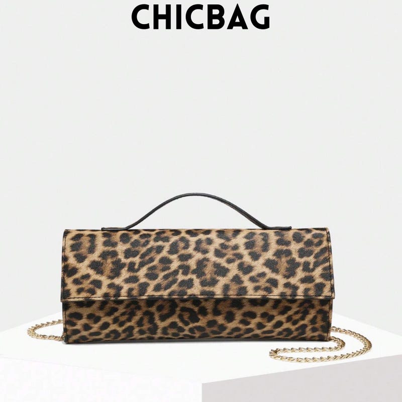 Tan and Black Leopard Chain Accent Shoulder Bag Clutch